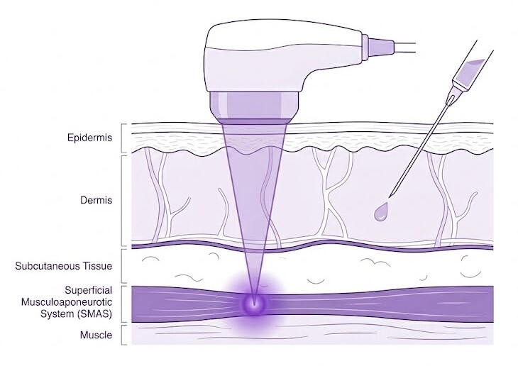 Medical illustration showing HIFU energy device targeting the SMAS layer and skin booster injection reaching the dermis