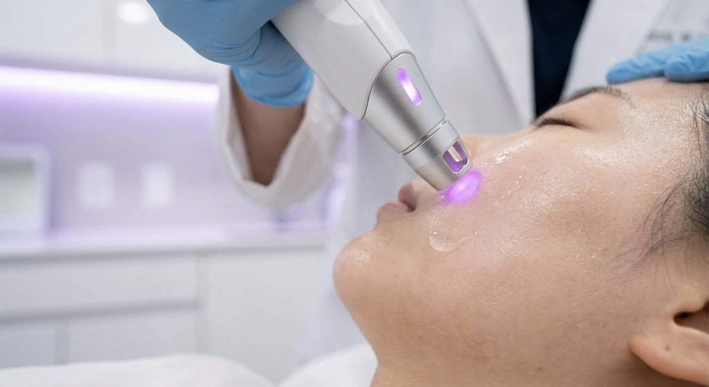 Advanced laser toning treatment and sub-epidermal photo-acoustic fragmentation being performed in a top Gangnam skin clinic