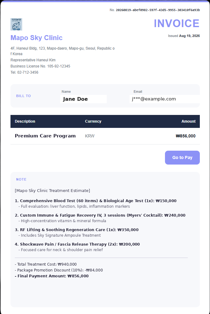 Korean hospital invoice showing hospital details, treatment breakdown, KRW amount and Go to Pay button