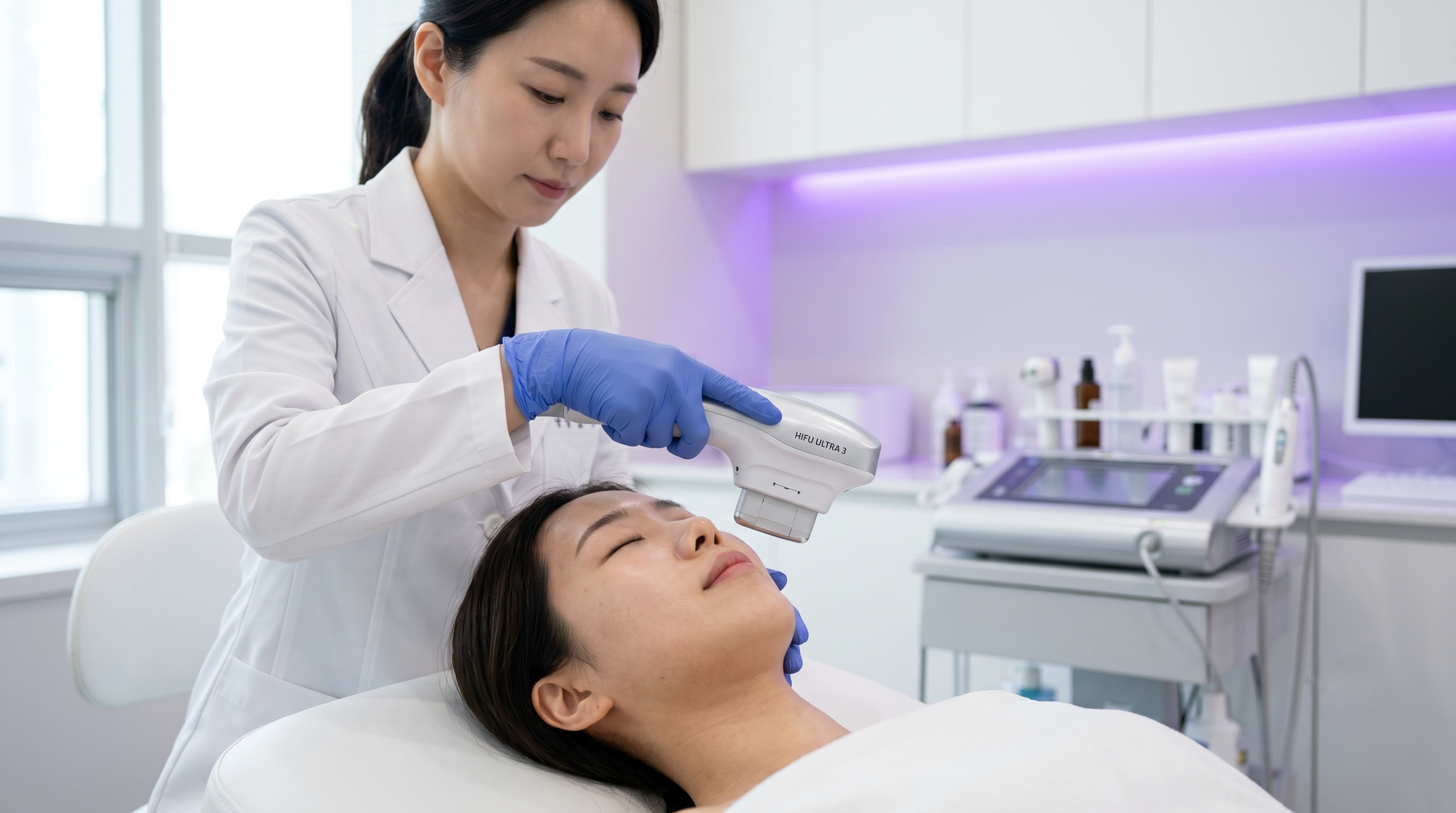 Dermatologist performing HIFU ultrasound lifting treatment on patient jawline in a professional Seoul dermatology clinic