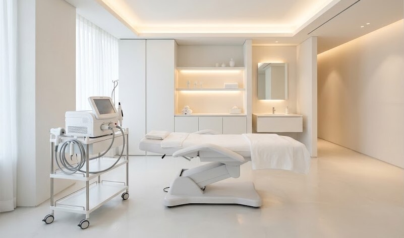 High-end Korean dermatology clinic treatment room with professional laser equipment in Gangnam Seoul