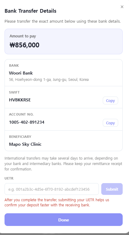 Woori Bank international transfer details for a Korean hospital invoice showing SWIFT code, account number, beneficiary and UETR field