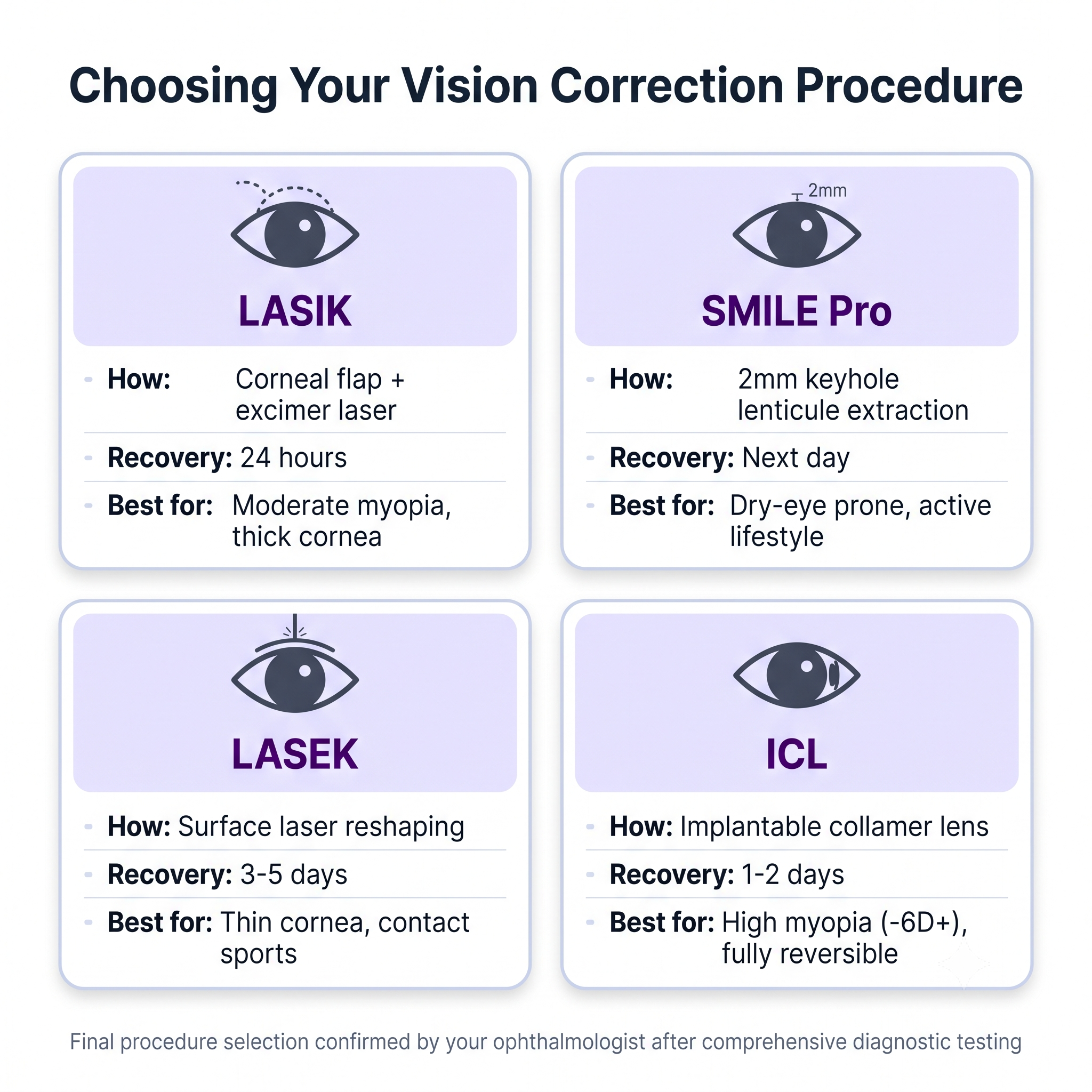 LASIK vs SMILE Pro vs LASEK vs ICL comparison chart — how to choose the right vision correction procedure in Korea showing recovery time and best candidates for each eye surgery option