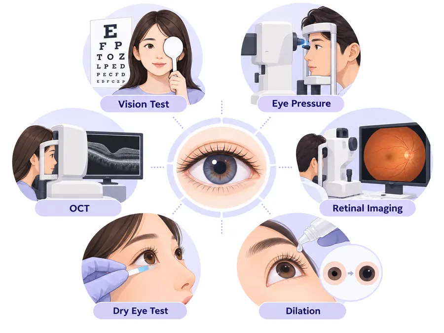 Comprehensive eye exam tests including vision testing, eye pressure measurement, OCT, retinal imaging, dry eye testing and pupil dilation