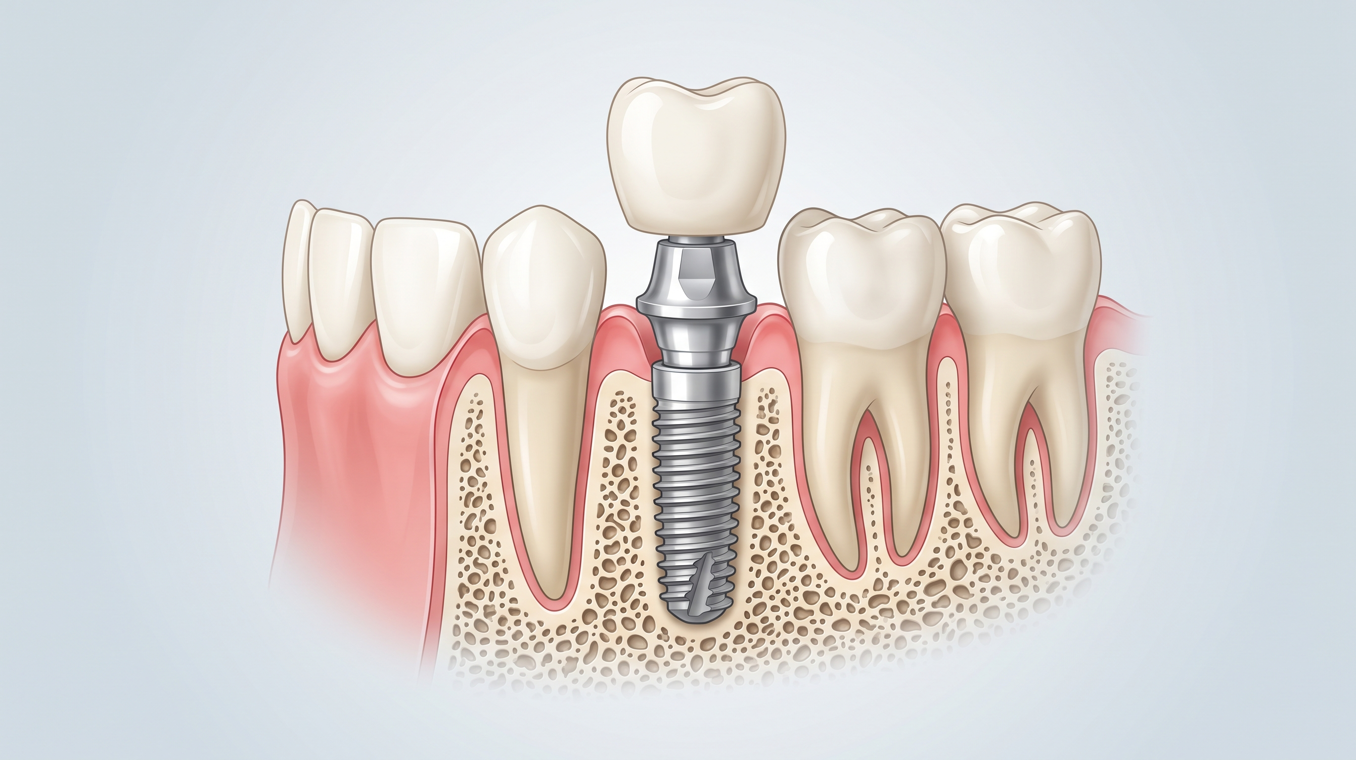 Medical illustration of dental implant cross-section showing titanium screw in jawbone, abutment and porcelain crown